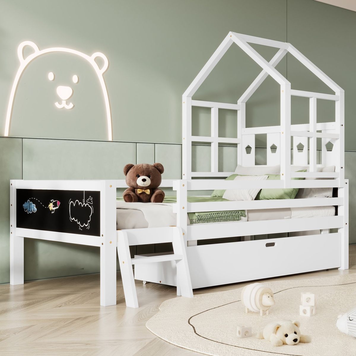 Twin Size House Bed with Ladder and Storage Drawers for Kid Bedroom,Solid Wood Platfrom Bedframe with 2 Blackboard Design, No Box Spring Needed, White