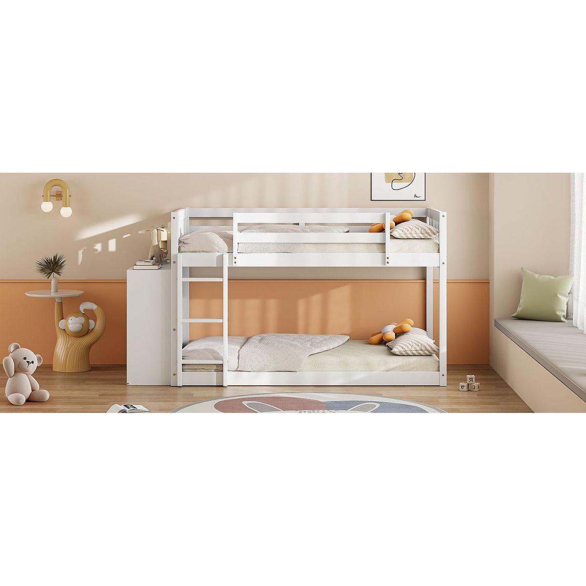 Twin over Twin Bunk Bed with 4 Drawers and 3 Shelves-White
