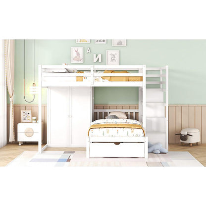 Full Over Twin Bunk Bed with Wardrobe, Drawers, White