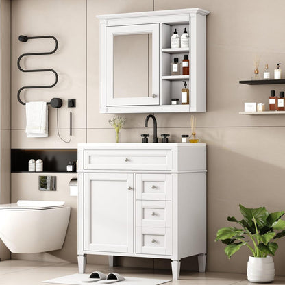 30" Bathroom Vanity with Top Sink, Modern Bathroom Storage Cabinet with 2 Drawers and a Tip-out Drawer, Freestanding Vanity Set with Mirror Cabinet, Single Sink Bathroom Vanity