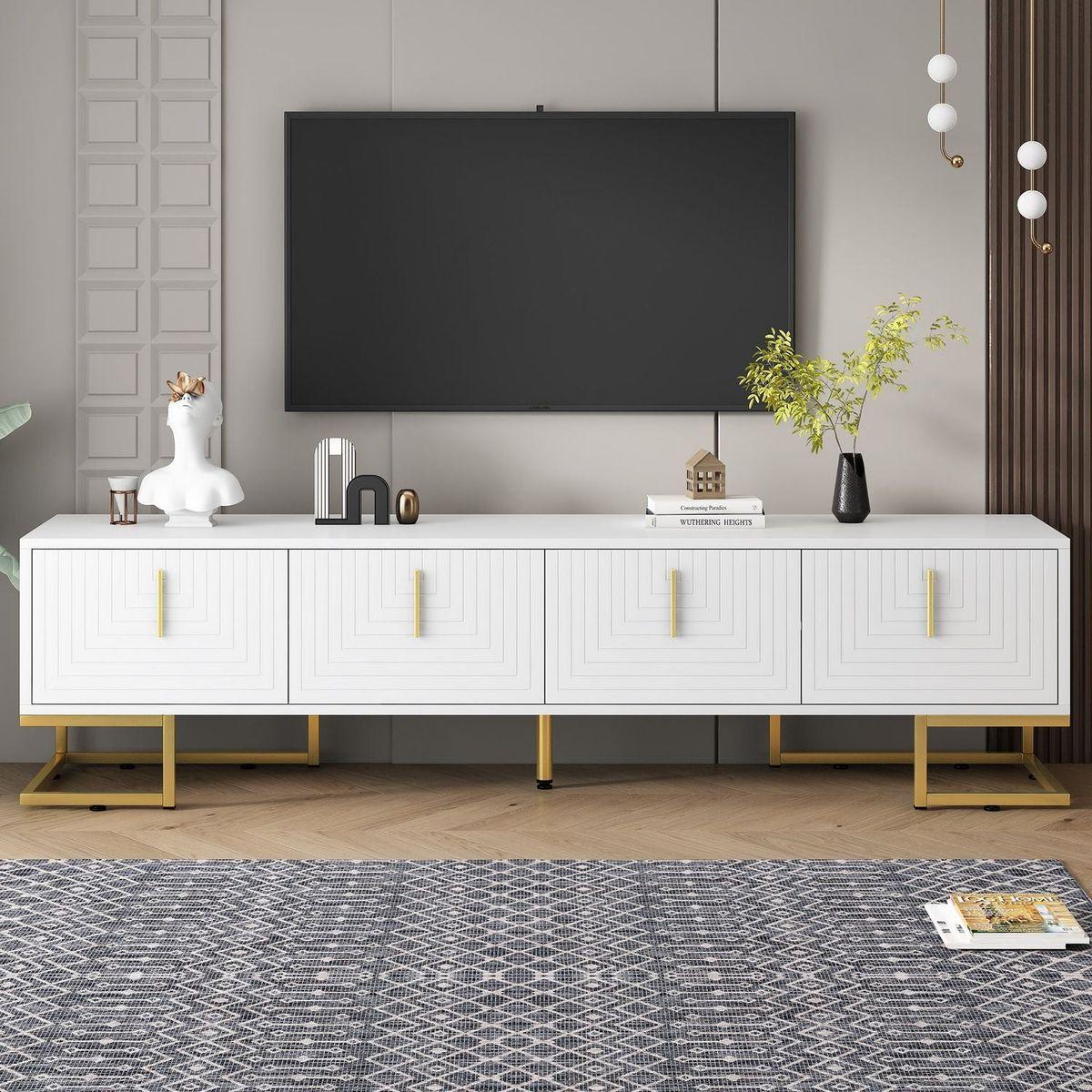 Modern TV Stand with Metal Legs and Gold Handles for TVs Up to 80", Media Console Table with Cabinets and Adjustable Shelves, Luxury TV Cabinet with Geometric Lines for Living Room, White
