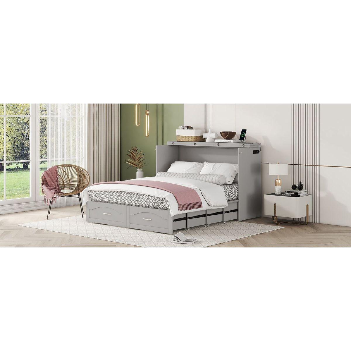Queen Size Murphy Bed Wall Bed with drawer and a set of Sockets & USB Ports, Pulley Structure Design, Gray