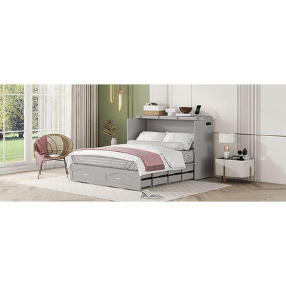 Queen Size Murphy Bed Wall Bed with drawer and a set of Sockets & USB Ports, Pulley Structure Design, Gray
