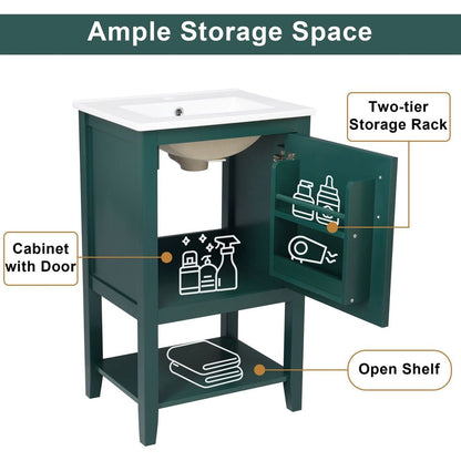 20" Bathroom Vanity with Sink, Bathroom Cabinet with Soft Closing Door, Storage Rack and Open Shelf, Green