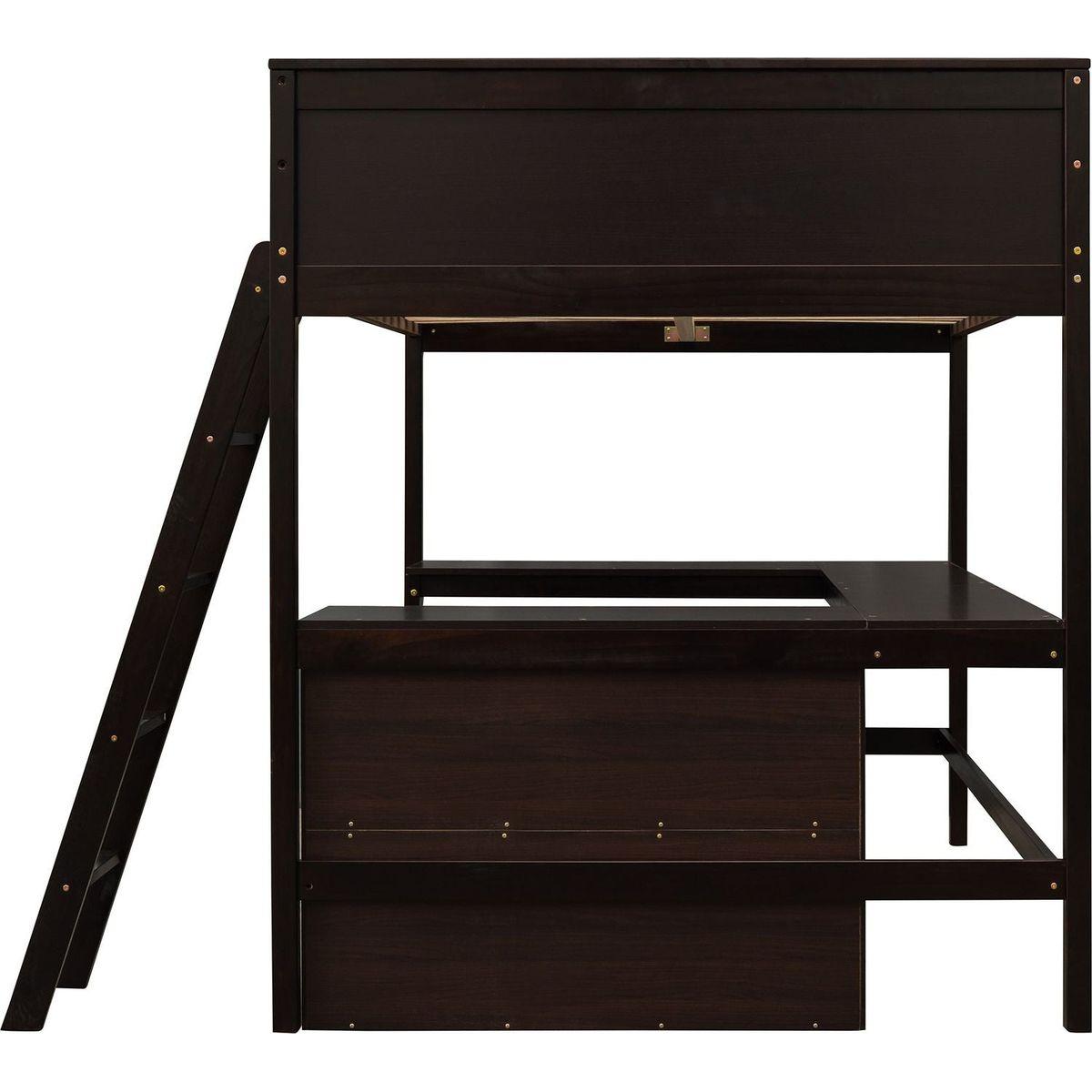 Full size Loft Bed with Shelves and Desk, Wooden Loft Bed with Desk - Espresso