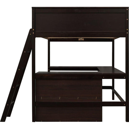 Full size Loft Bed with Shelves and Desk, Wooden Loft Bed with Desk - Espresso