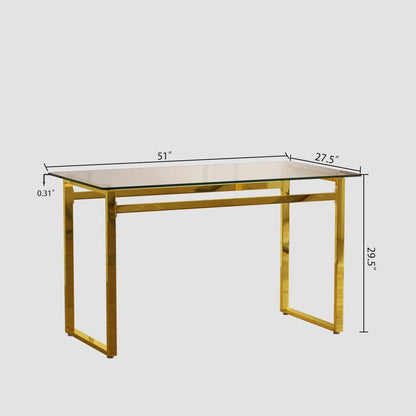 Modern Minimalist Rectangular Glass Dining Table for 4-6 with 0.31" Tempered Glass Tabletop and Golden Chrome Metal Legs, Writing Table Desk, for Kitchen Dining Living Room, 51" W x 27"D x 30" H
