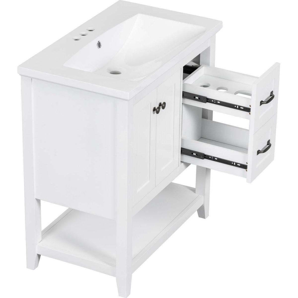 30" Bathroom Vanity with Ceramic Sink Top, Vanity Cabinet with Multi-Functional Drawer, Solid Wood Legs, White