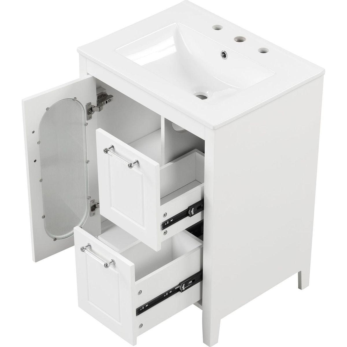 24" Bathroom Vanity with Sink, Bathroom Vanity Cabinet with Two Drawers and Door, Adjustable Shelf, Solid Wood and MDF, White