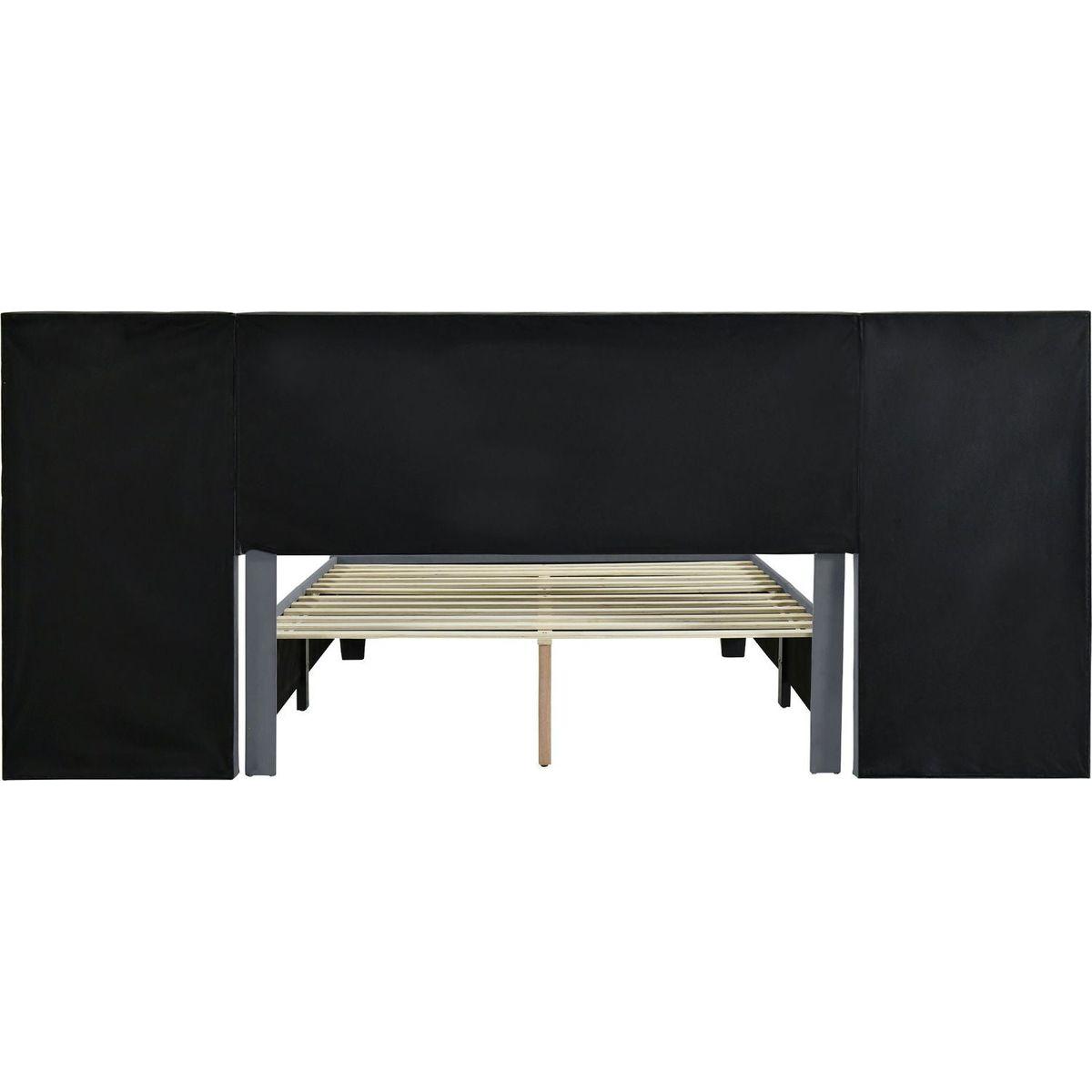 Queen Size Upholstered Platform Bed with Big Headboard, Bedroom Furniture, Velvet, Gray