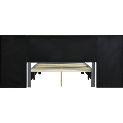 Queen Size Upholstered Platform Bed with Big Headboard, Bedroom Furniture, Velvet, Gray