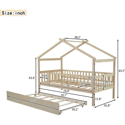 Twin Size Wooden House Bed with Twin Size Trundle, Natural