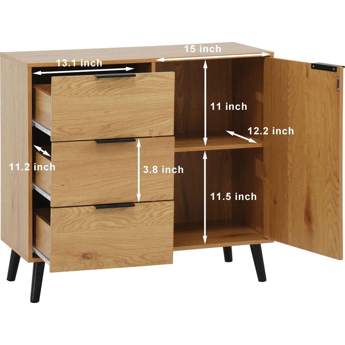 Storage Cabinet with 3 Drawers & Adjustable Shelf, Mid Century Cabinet with Door, Accent Cabinet for Living Room, Home Office, Entryway, Natural Wood Color