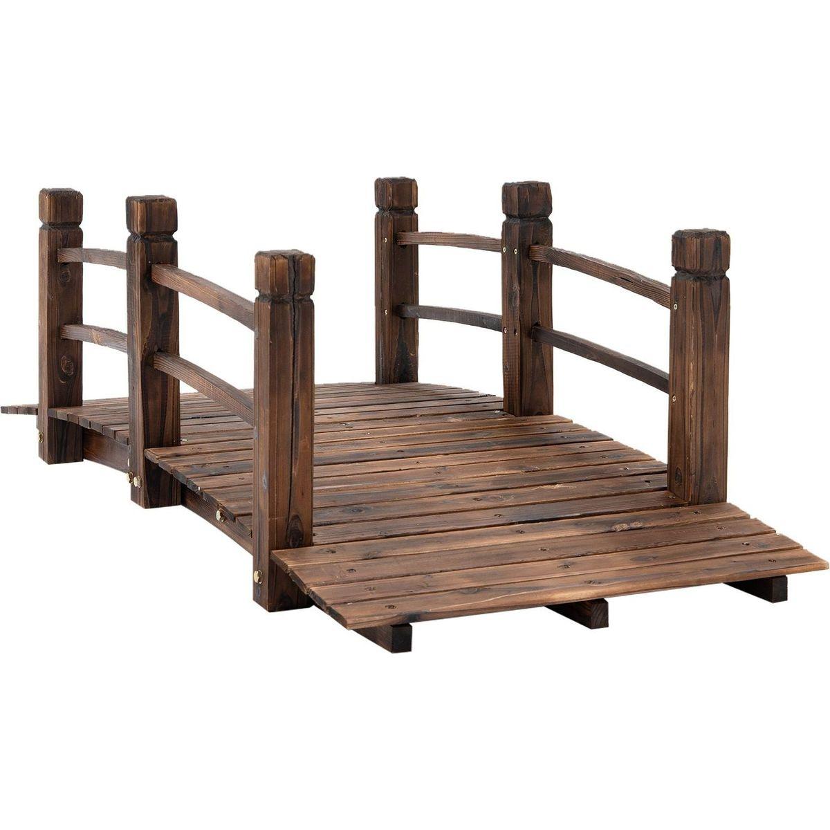 Fir Wood Garden Bridge Arc Walkway with Side Railings for Backyards, Gardens, and Streams, Stained Wood, 60" x 26.5" x 19"