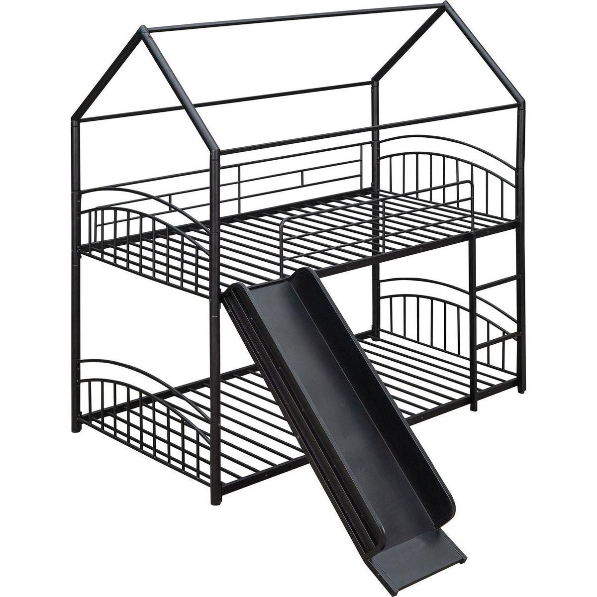 Twin Over Twin Metal Bunk Bed With Slide,Kids House Bed Black