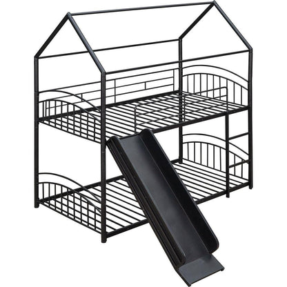 Twin Over Twin Metal Bunk Bed With Slide,Kids House Bed Black