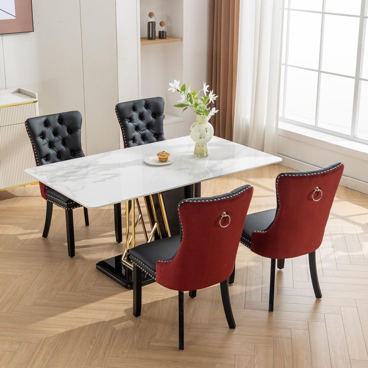 Nikki Collection Modern, High-end Tufted Solid Wood Contemporary PU and Velvet Upholstered Dining Chair with Wood Legs Nailhead Trim 2-Pcs Set, Black+WineRed, Burgundy