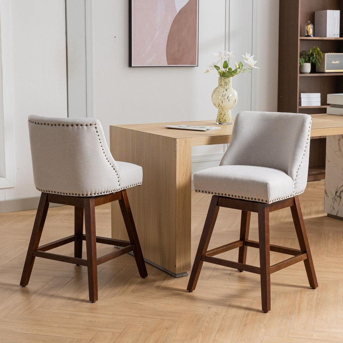Counter Height Swivel Barstools, 26" H Seat Height Upholstered Bar Stools Set of 2, Fabric in Ivory - Streamdale Furniture