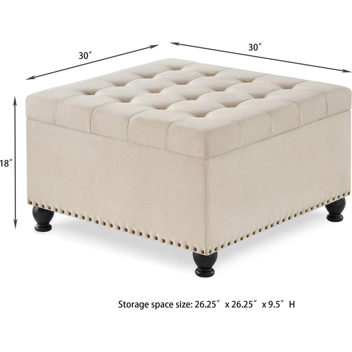 Large square storage ottoman with wooden legs, Upholstered button tufted coffee table with nail trims for Living Space,Beige