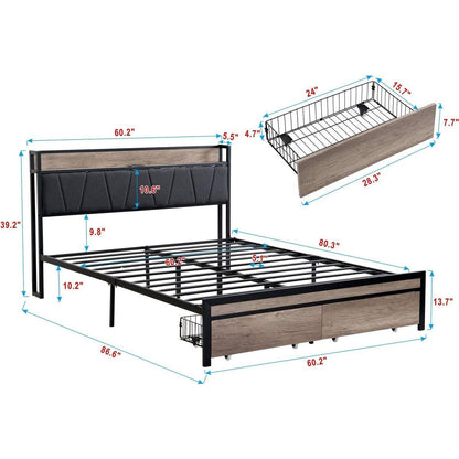 Queen Size Metal Platform Bed Frame with upholstery storage function Headboard and USB LINER and Footboard with drawers, No Box Spring Needed, Large Under Bed Storage, Easy Assemble