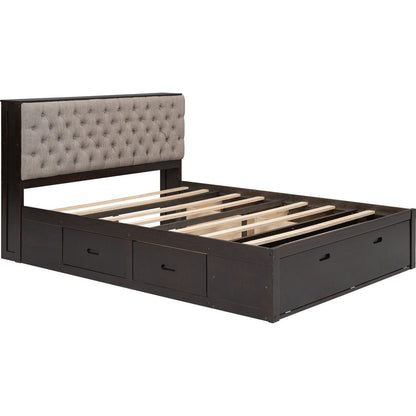 Wood Queen Size Platform Bed with Storage Headboard, shoe rack and 4 drawers,Espresso
