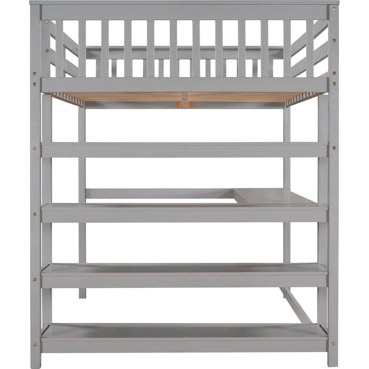 Full Size Loft Bed with Storage Shelves and Under-bed Desk, Gray