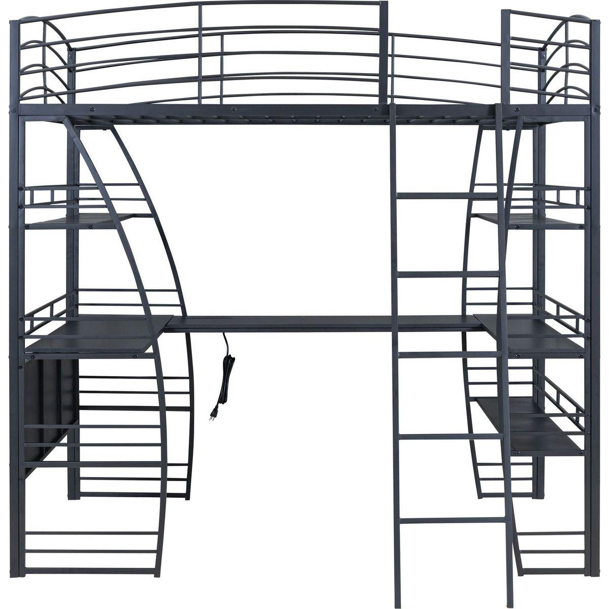 Full Size Loft Bed with 4 Layers of Shelves and L-shaped Desk, Stylish Metal Frame Bed with a set of Sockets, USB Ports and Wireless Charging, Black