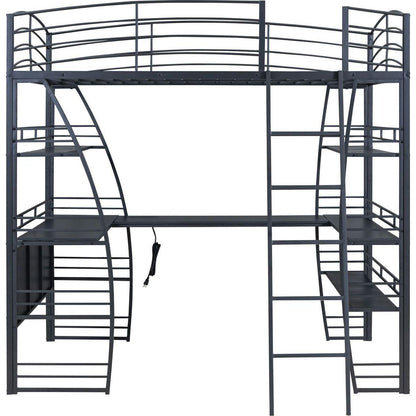 Full Size Loft Bed with 4 Layers of Shelves and L-shaped Desk, Stylish Metal Frame Bed with a set of Sockets, USB Ports and Wireless Charging, Black