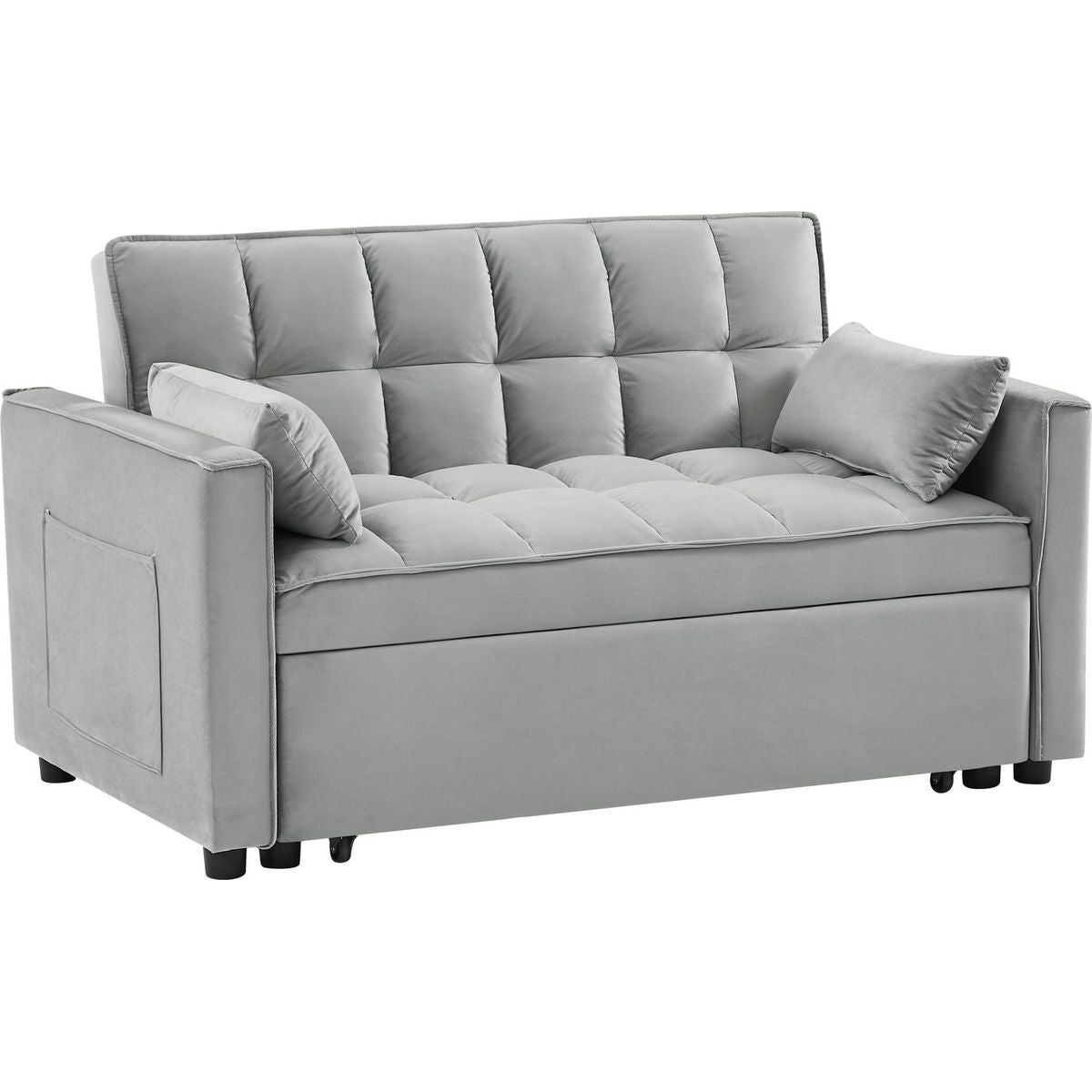 Modern Velvet Loveseat Futon Sofa Couch w/Pullout Bed,Small Love Seat Lounge Sofa w/Reclining Backrest,Toss Pillows, Pockets,Furniture for Living Room,3 in 1 Convertible Sleeper Sofa Bed, Gray