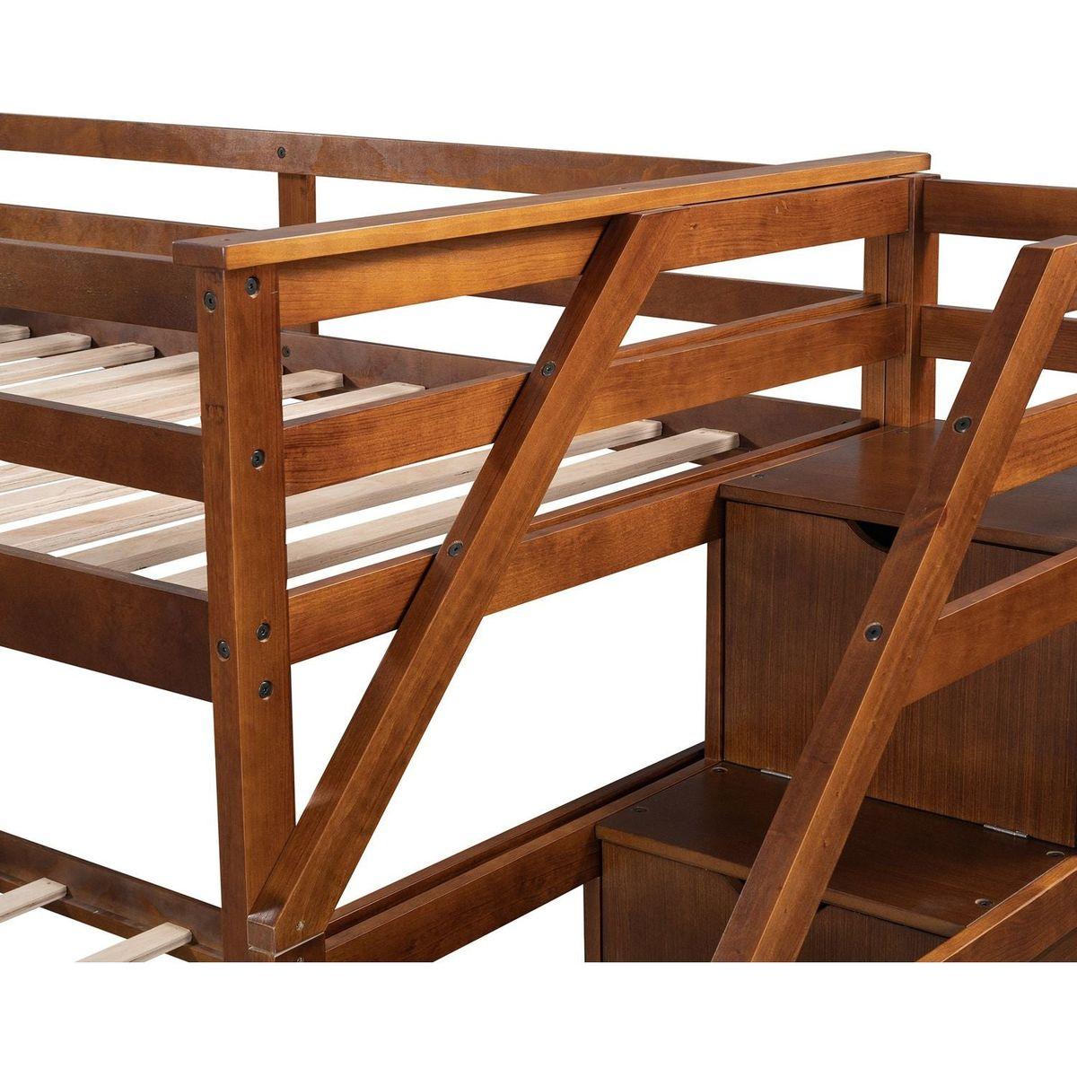 Twin-Over-Twin Bunk Bed with Twin Size Trundle and 3 Storage Stairs,Walnut