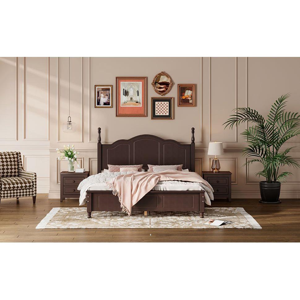 3-Pieces Bedroom Sets,Queen Size Wood Platform Bed and Two Nightstands-Dark Walnut