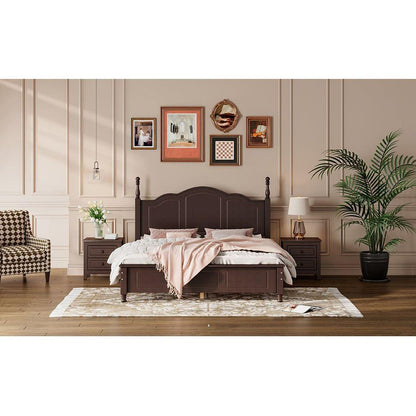 3-Pieces Bedroom Sets,Queen Size Wood Platform Bed and Two Nightstands-Dark Walnut