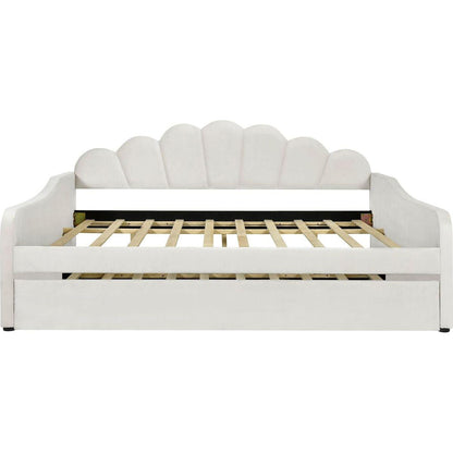 Full Size Upholstery Daybed Frame with Shall Shaped Backrest and Trundle,Beige