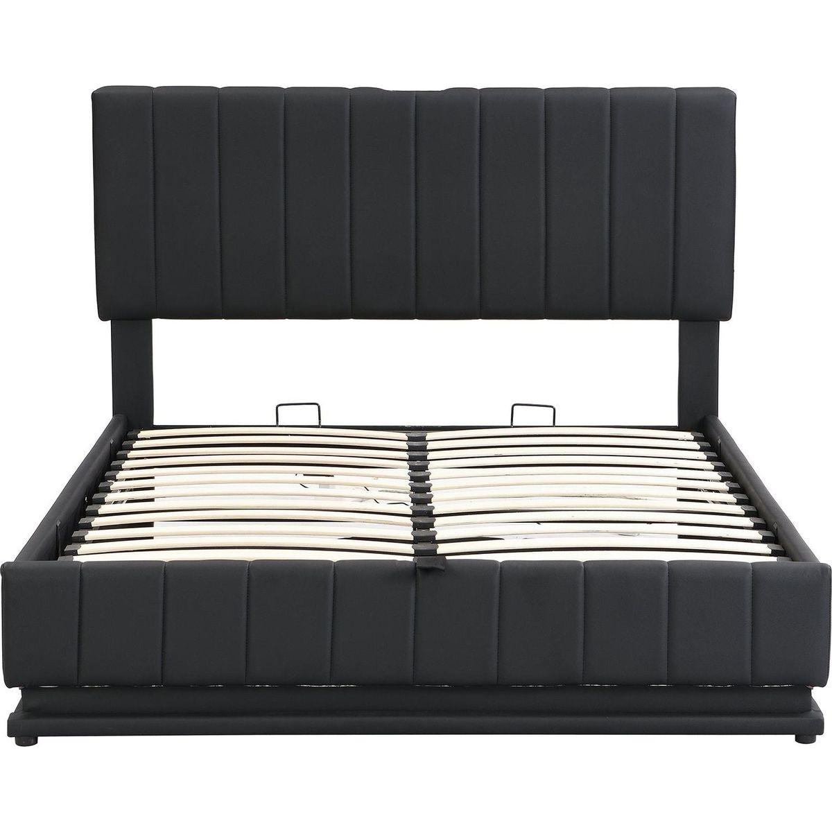 Full Size Upholstered Bed with Hydraulic Storage System and LED Light, Modern Platform Bed with Sockets and USB Ports, Black