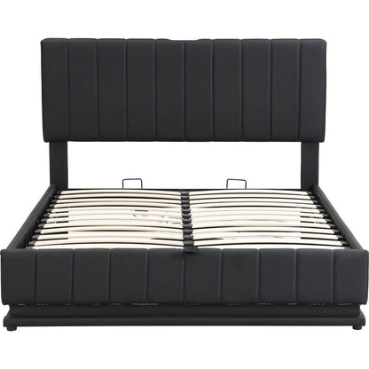 Full Size Upholstered Bed with Hydraulic Storage System and LED Light, Modern Platform Bed with Sockets and USB Ports, Black