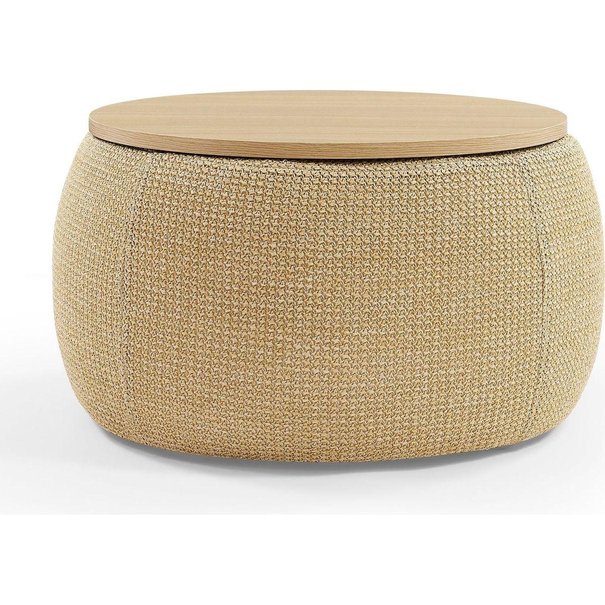 Round Storage Ottoman, 2 in 1 Function, Work as End table and Ottoman, Natural (25.5"x25.5"x14.5")