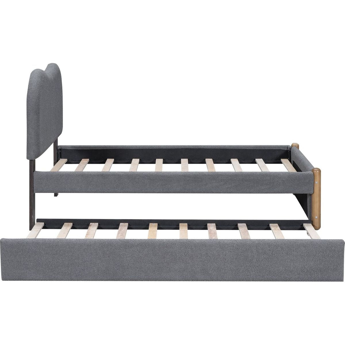 Twin Size Upholstered Platform Bed with Wood Supporting Feet and Twin Size Trundle, Gray