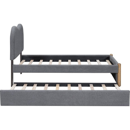 Twin Size Upholstered Platform Bed with Wood Supporting Feet and Twin Size Trundle, Gray