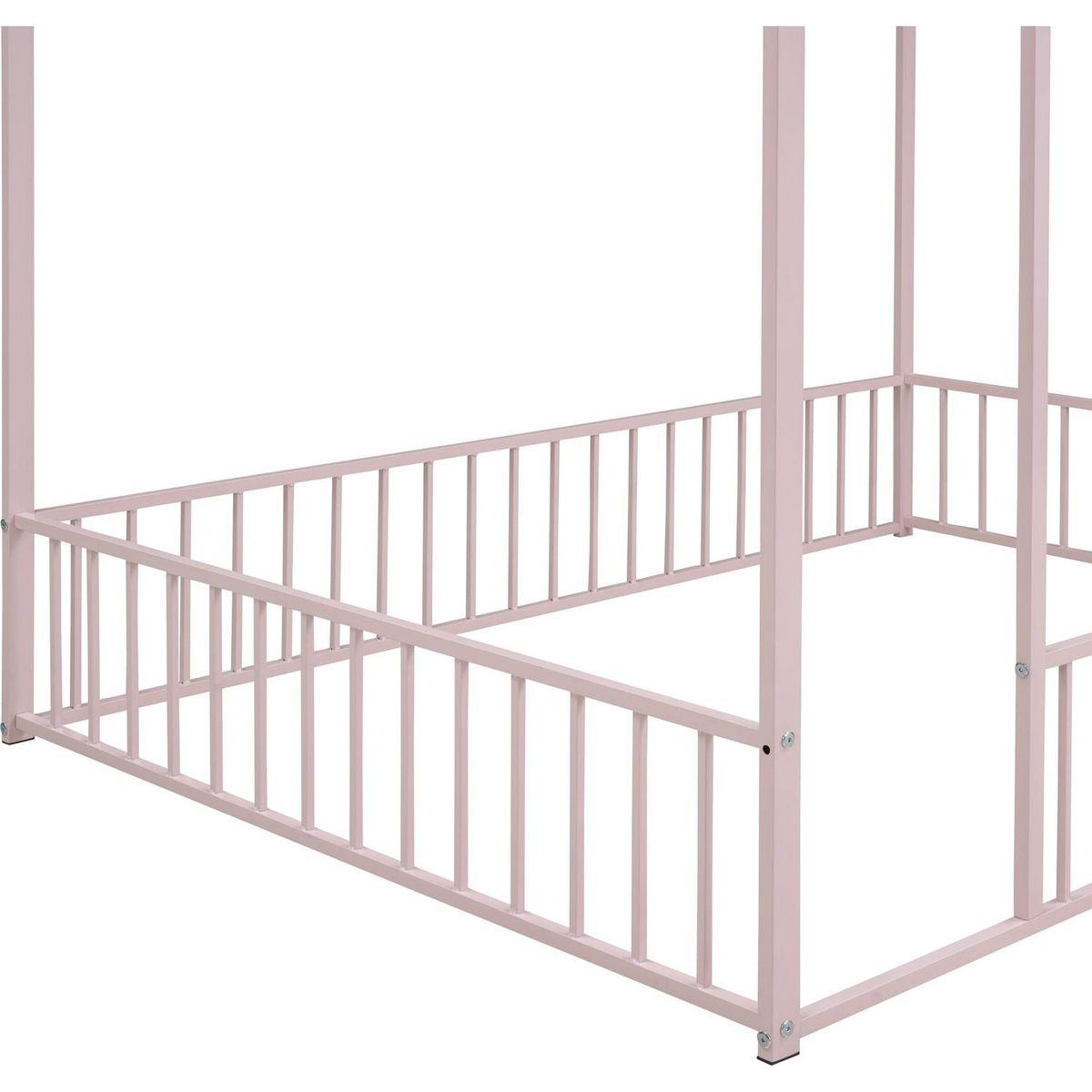 Full Size Metal Bed House Bed Frame with Fence, for Kids, Teens, Girls, Boys,Pink