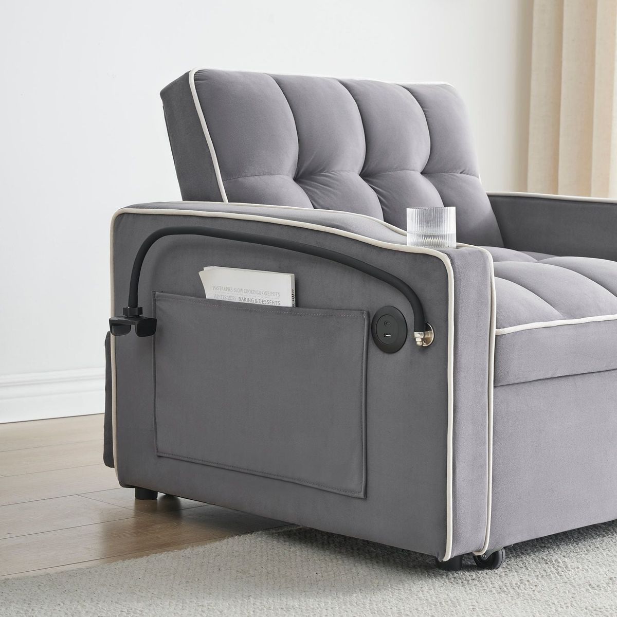 1 versatile foldable sofa bed in 3 lengths, modern sofa sofa sofa velvet pull-out bed, adjustable back and with USB port and ashtray and swivel phone stand dark grey