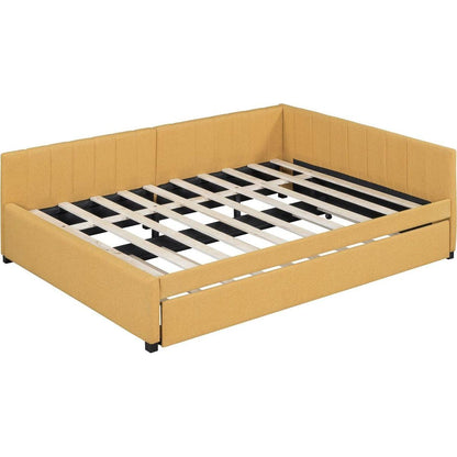 Full Size Upholstered Daybed with Trundle Sofa Bed Frame No Box Spring Needed, Linen Fabric(Yellow)