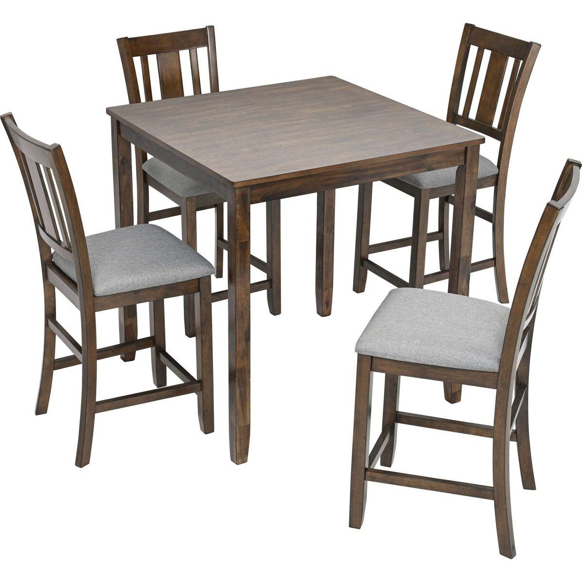 5 Piece Dining Table Set, Wooden Dining Square Table Set for 4, Counter Height Kitchen Table Set with Square Table and 4 Upholstered Chairs for Small Space, Walnut
