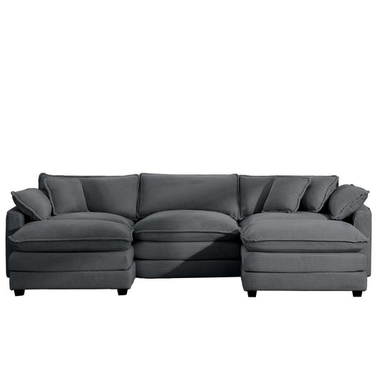 Modern Oversized Modular Cushion Sofa with Ottoman, Grey Corduroy L-Shaped Low Back Deep Seating Sofa Set