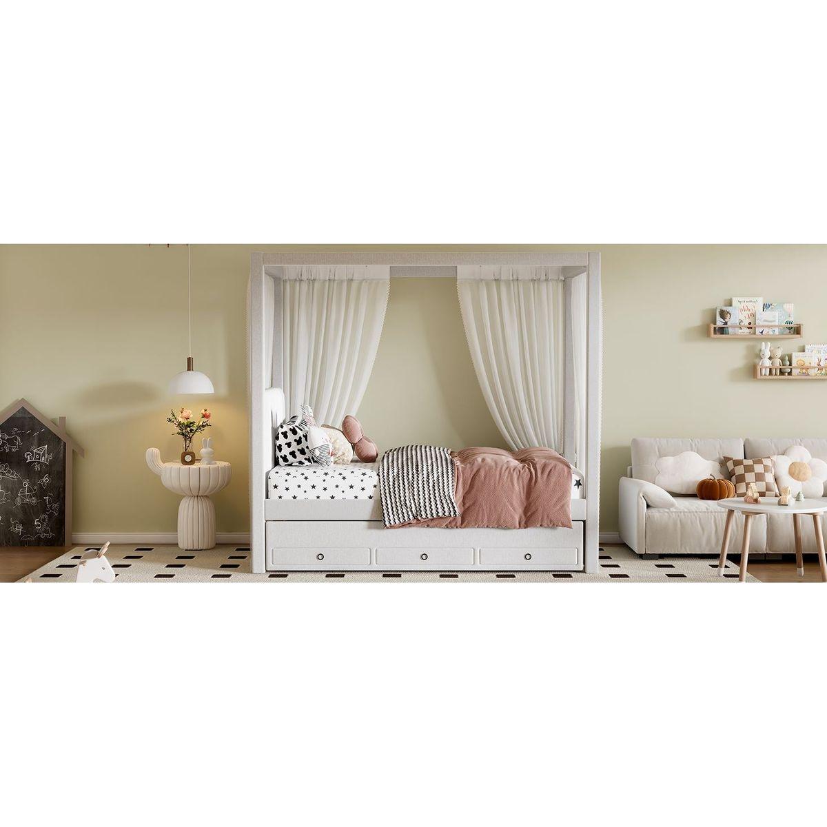 Twin Size Upholstery Canopy Platform Bed with Trundle and Three Storage Drawers, Beige