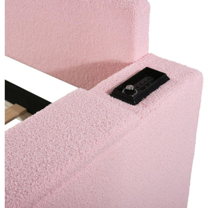 Twin Size Upholstered Daybed with Storage Armrests, Trundle and Latest Integrated Bluetooth Audio System, Teddy Fleece, Pink