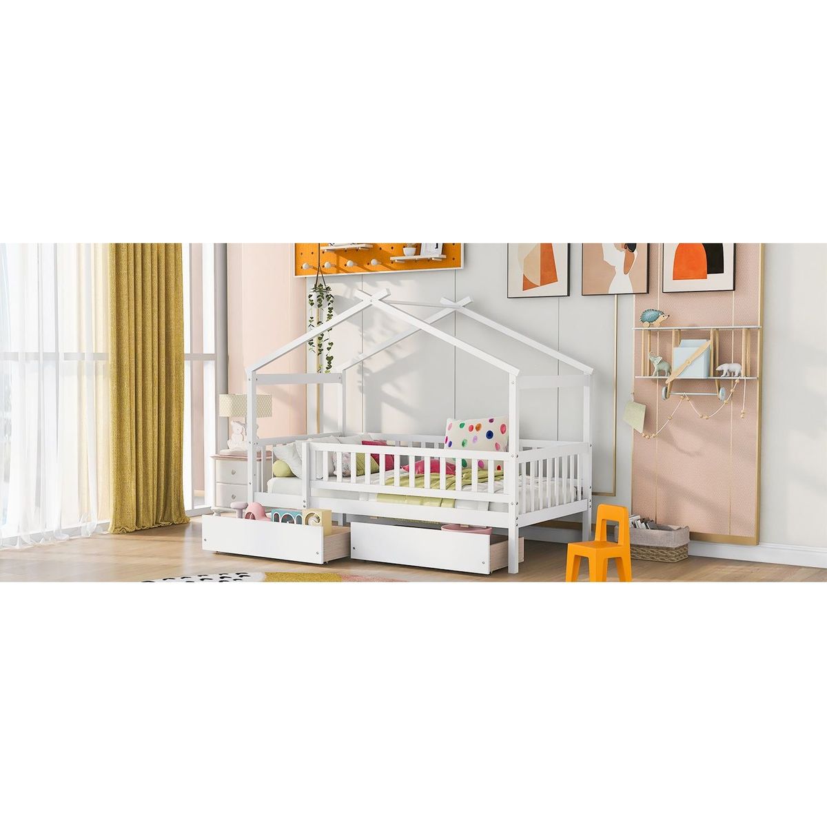 Twin Size Wooden House Bed with Two Drawers, White