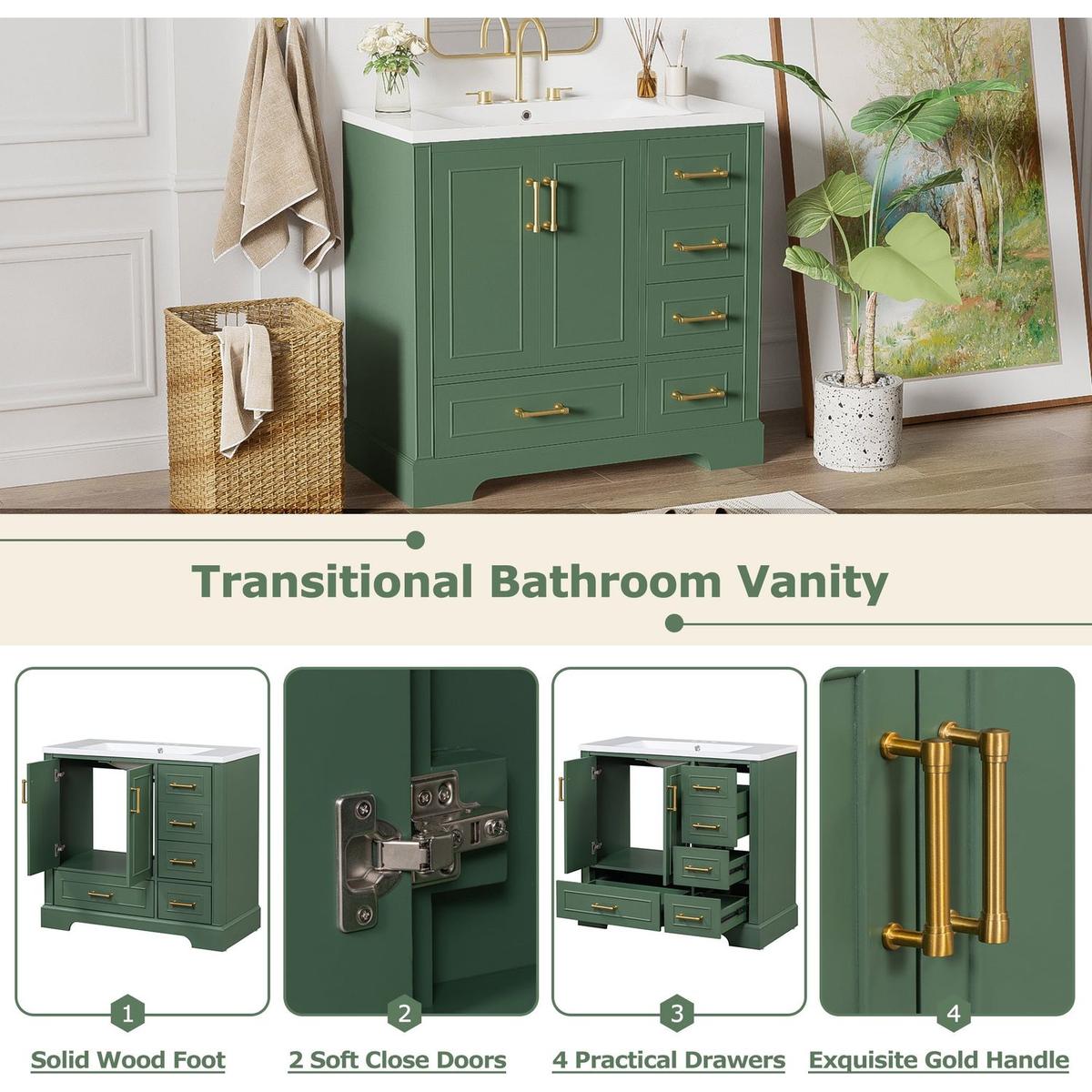 36-inch Traditional Bathroom Vanity with Resin Sink Combo Set, Green Bathroom Cabinet with Two Doors and Four Drawers