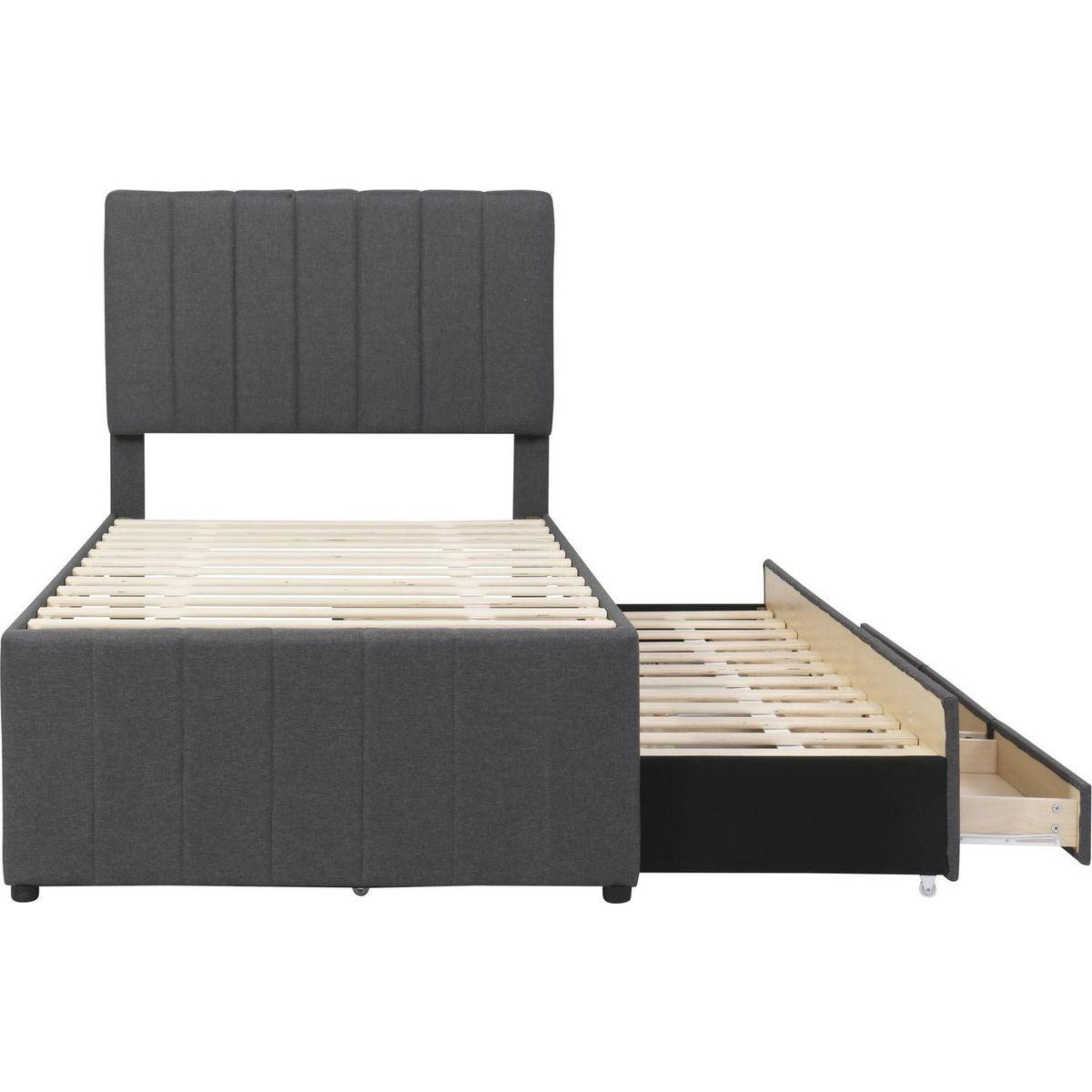 Twin Size Upholstered Platform Bed with Trundle and 3 Drawers, Linen Fabric, Gray