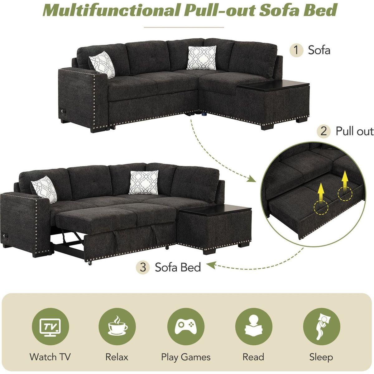 83.8" Reversible Sectional Pull-Out Sofa Bed L-Shaped Corner Sofa Couch with Storage Chaise, USB Ports, Power Sockets, Cup Holder for Living Room, Bedroom, Study, Black