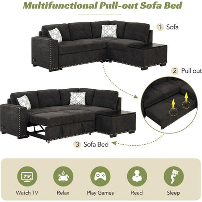 83.8" Reversible Sectional Pull-Out Sofa Bed L-Shaped Corner Sofa Couch with Storage Chaise, USB Ports, Power Sockets, Cup Holder for Living Room, Bedroom, Study, Black